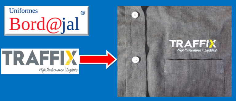 Logotipo bordado en camisa empresarial gris: del logo Traffix a la prenda terminada