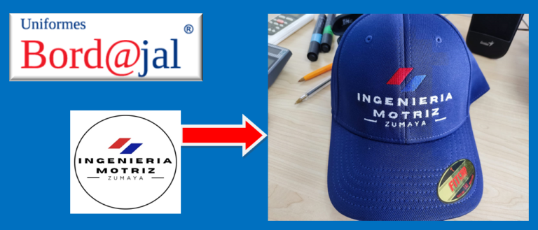 Logotipo bordado en gorra azul para empresa: Ingeniería Motriz Zumaya