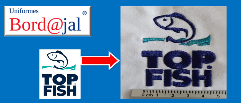 Acercamiento de bordado computarizado de logotipo Top Fish con regla de medida